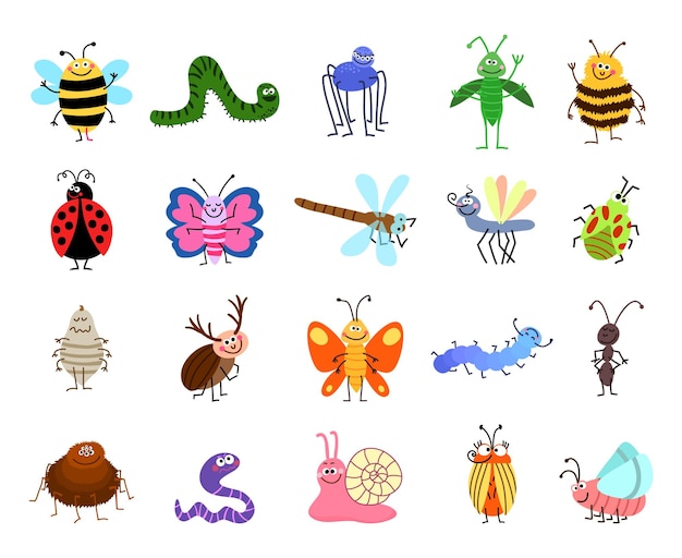 面白いバグ かわいい虫や昆虫は白い背景で隔離 キャラクターのセット昆虫昆虫蜂と幼虫 クモと蝶のイラスト 無料のベクター