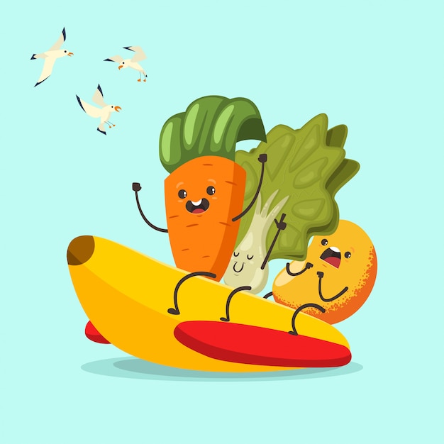 プレミアムベクター 面白いニンジン レタス マンゴーとバナナのゴム製ボート 夏の水の活動のかわいい果物と野菜の漫画のキャラクター スポーツと健康的なライフスタイルのイラスト