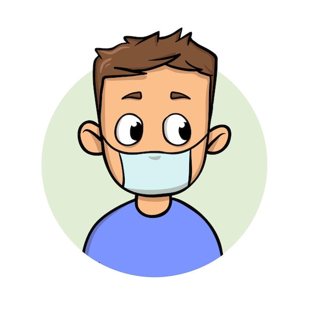 呼吸器疾患保護のための医療マスクを身に着けている面白い漫画男 漫画デザインアイコン カラフルなフラットイラスト 白い背景で隔離されました プレミアムベクター