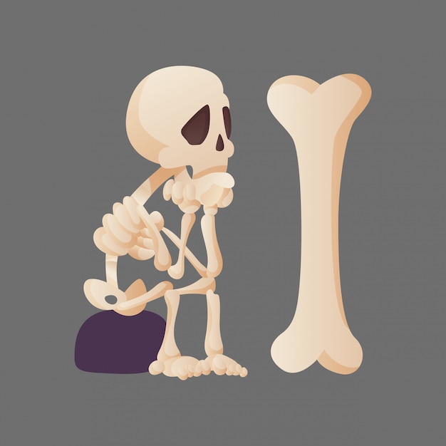 石の上に座って 骨を見てポーズ面白い漫画スケルトン 骨のようなキャラクター 人間の骨のイラスト骨格 色の背景上の死んだ男 プレミアムベクター