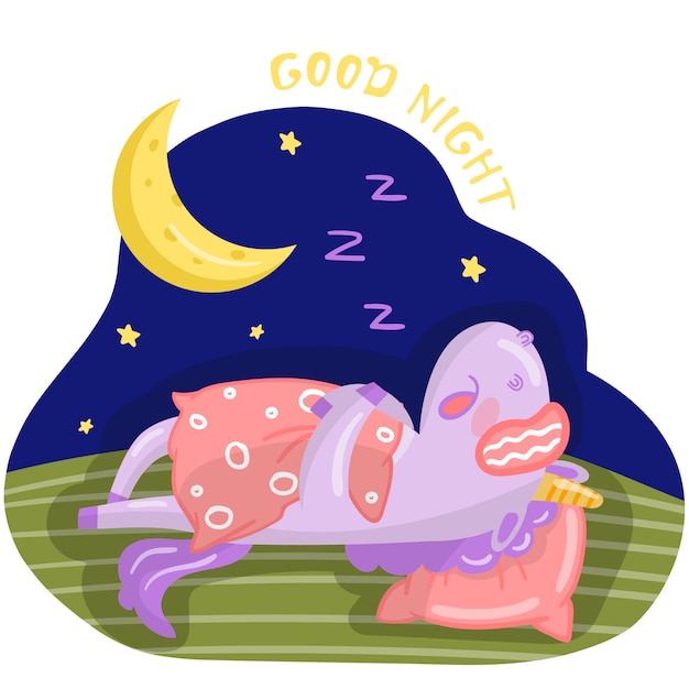 夜 おやすみデザインのベッドで寝ている面白い漫画ユニコーンキャラクター プレミアムベクター