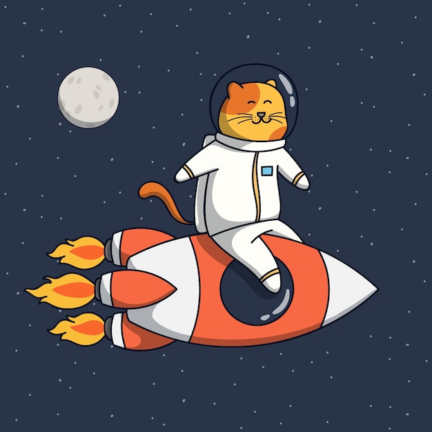 面白い猫の宇宙飛行士のイラストは宇宙ロケットに乗る プレミアムベクター