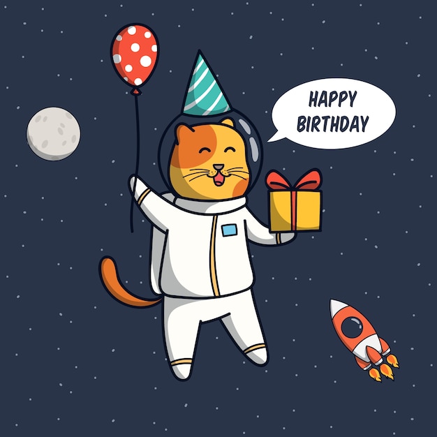 誕生日パーティーと面白い猫宇宙飛行士のイラスト プレミアムベクター