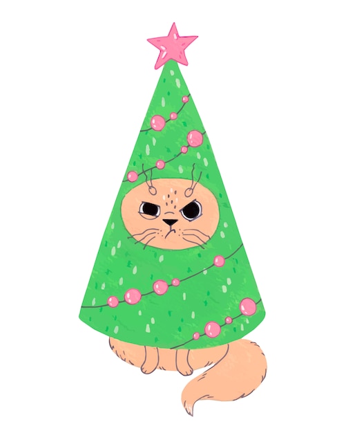 クリスマスツリーの衣装で面白い猫 正月イラスト プレミアムベクター