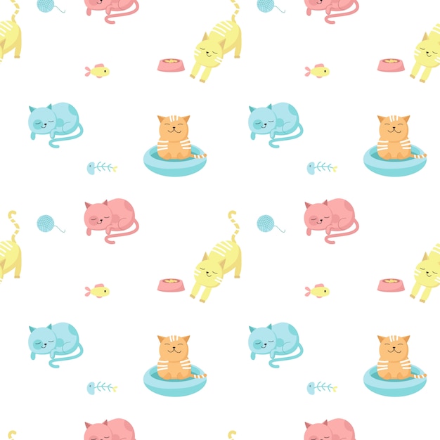面白い猫はシームレスパターンをベクトルします 布 テキスタイル 壁紙 幸せな猫が食べたり 眠ったり 入浴したりするための包装紙のためのクリエイティブデザイン プレミアムベクター