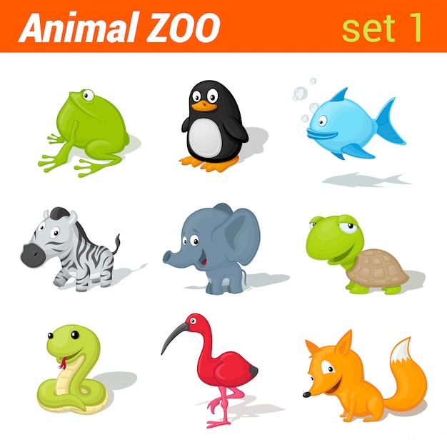 Funny children animals icon set. kid language learning elements. frog, penguin, fish, zebra, elephan
