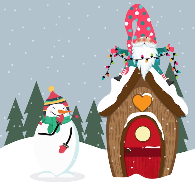 国美と雪だるまの面白いクリスマスカード プレミアムベクター