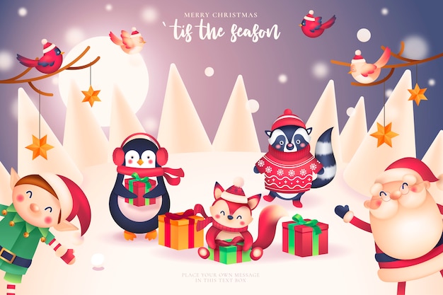 サンタと友達と面白いクリスマスカード 無料のベクター