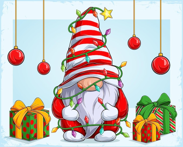 Premium Vector | Funny christmas gnome character surrounded by christmas  tree lights and gifts on his sides