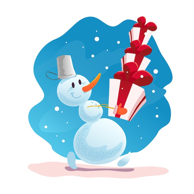 プレミアムベクター 幸せな雪だるまの面白いクリスマスイラスト 雪だるまはプレゼントやプレゼントを運ぶ 新年イラスト要素