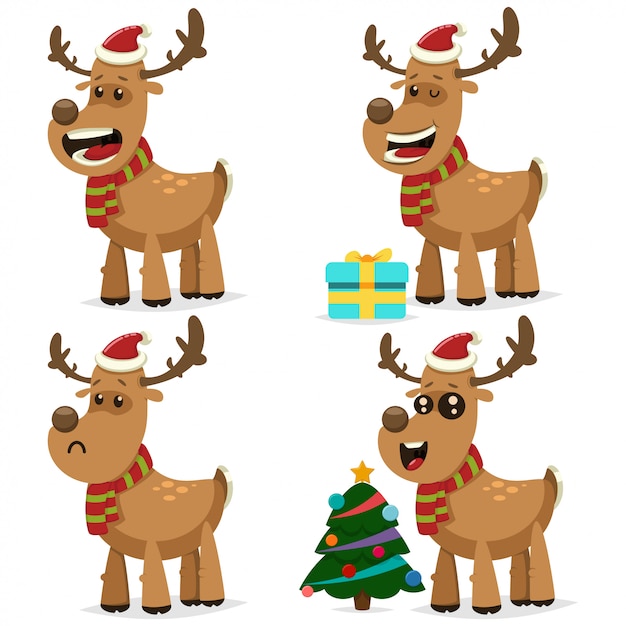 Funny Christmas Reindeer In Santa Claus Cap With Gift Box