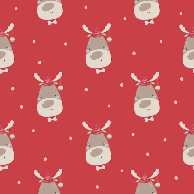 Funny christmas seamless pattern with deer in hat Premium Vector