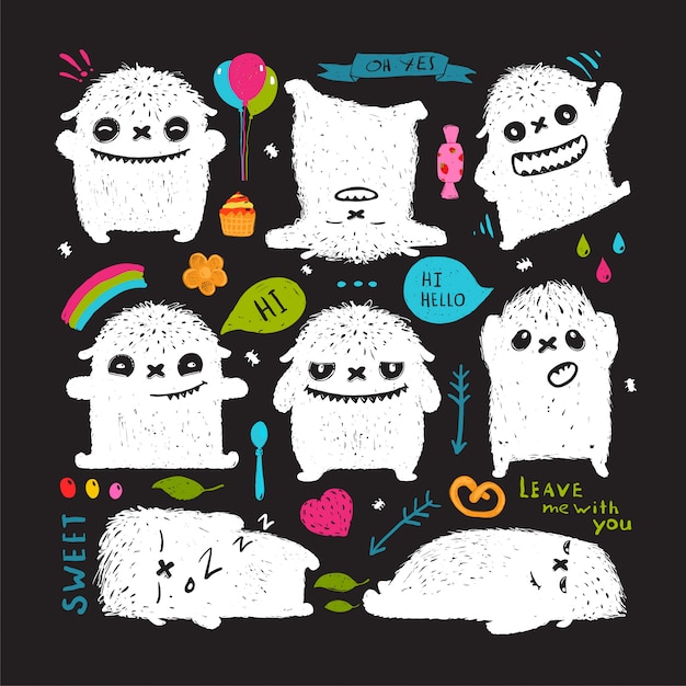 Premium Vector | Funny cute little white monster clip art collection