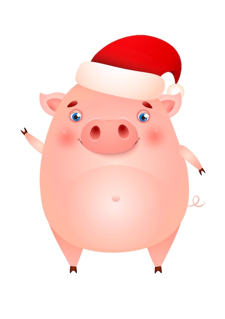 Download Funny cute pig in Santa hat waving hoof Vector | Free Download
