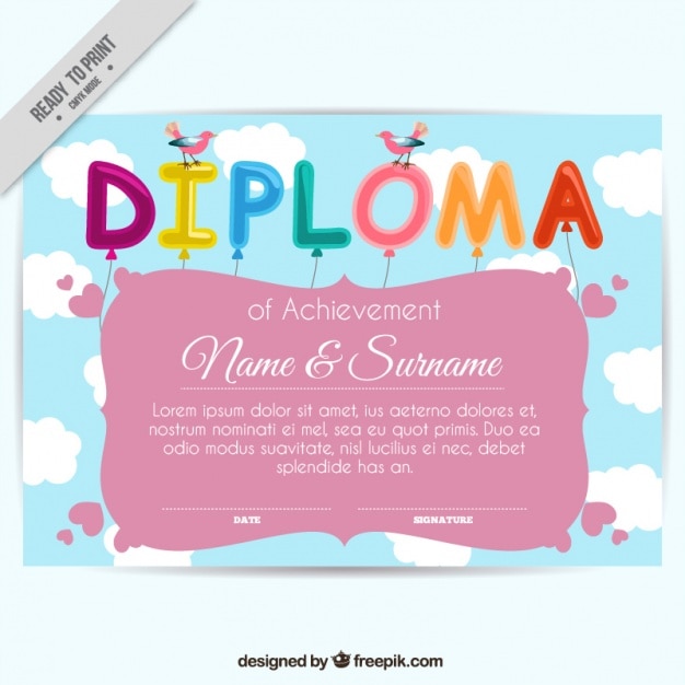 Funny diploma of children with letters made of
balloons