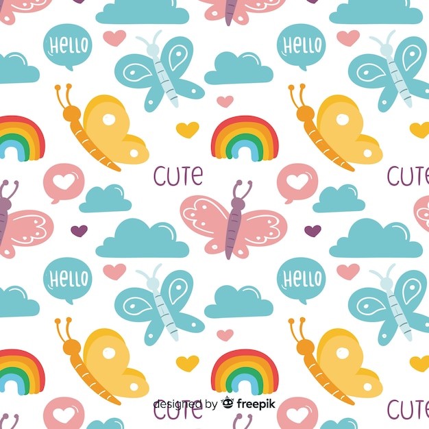 Download Funny doodle butterflies and words pattern Vector | Free ...