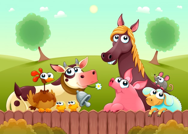 Funny farm animals smiling near the fence Free Vector Funny farm animals smiling near the fence Free Vector