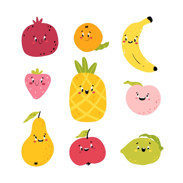 プレミアムベクター 面白い果物 かわいいキャラクターの漫画コレクション 食べ物のかわいい顔 あなたのデザインのカラフルな幼稚なイラスト 白い背景で隔離