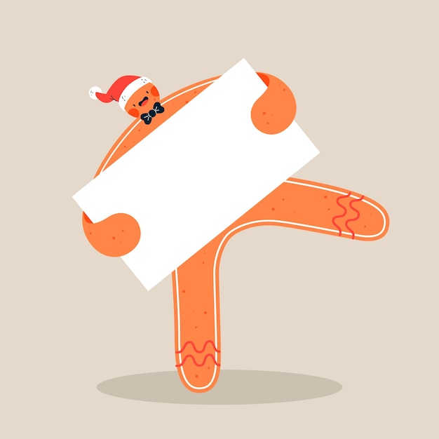 Funny gingerbread man with santa's hat holding an empty banner Free Vector