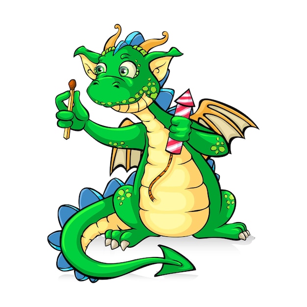 Premium Vector | Funny green dragon holding fireworks