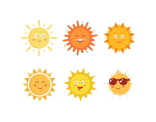 面白い手描きの太陽 かわいい太陽の絵文字アイコンを設定します 夏の晴れた顔の絵文字コレクション プレミアムベクター
