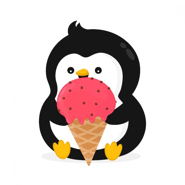 面白い幸せかわいい笑顔ペンギンはアイスクリームを食べています フラット漫画キャライラスト 白い背景で隔離されました ペンギン アイスクリームのコンセプト プレミアムベクター