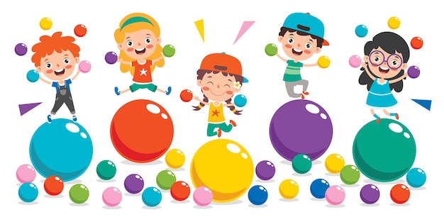 カラフルなボールで遊ぶ面白い子供 プレミアムベクター