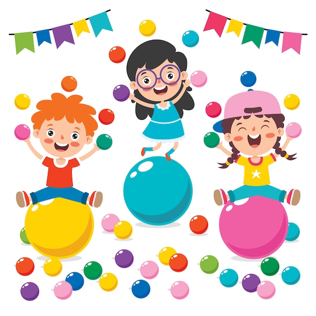  Funny kid playing with colorful balls Premium Vector