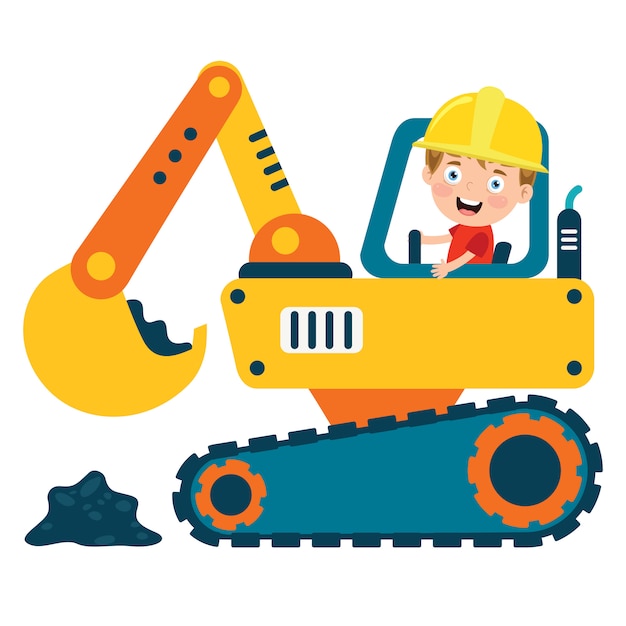 Premium Vector | Funny Kid Using Excavator Machine