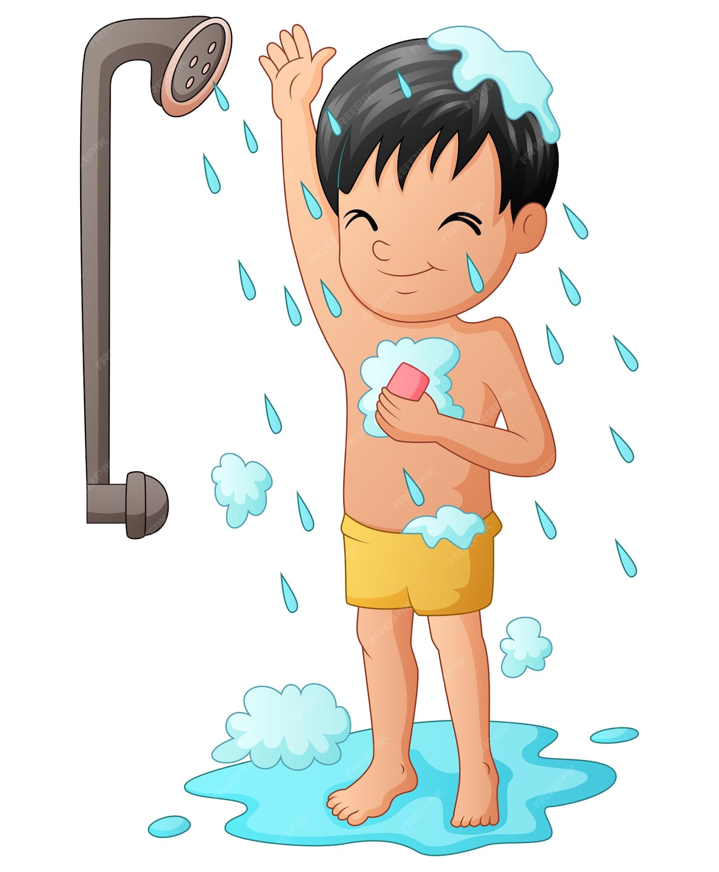 Premium Vector | Funny little boy having bath with shower