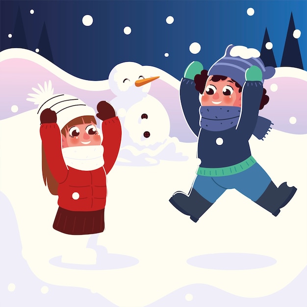 Premium Vector | Funny little girl and boy with warm clothes playing in ...