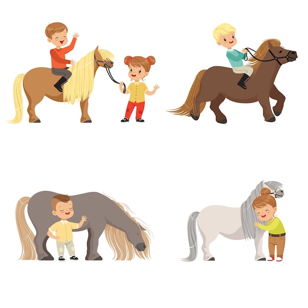 ポニーに乗って 馬の世話をして面白い小さな子供セット 馬術スポーツ 白い背景のイラスト プレミアムベクター