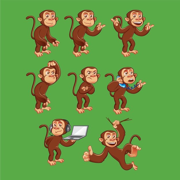 さまざまなポーズで面白い猿のキャラクター プレミアムベクター