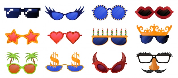 面白いパーティーグラス カーニバル 仮面舞踏会のサングラス 写真ブースパーティー装飾的なメガネイラストアイコンセット 仮面舞踏会メガネコレクション 面白い口ひげとマスク プレミアムベクター