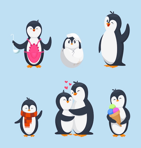 Funny pinguins in different action poses. cartoon mascots isolate Premium Vector