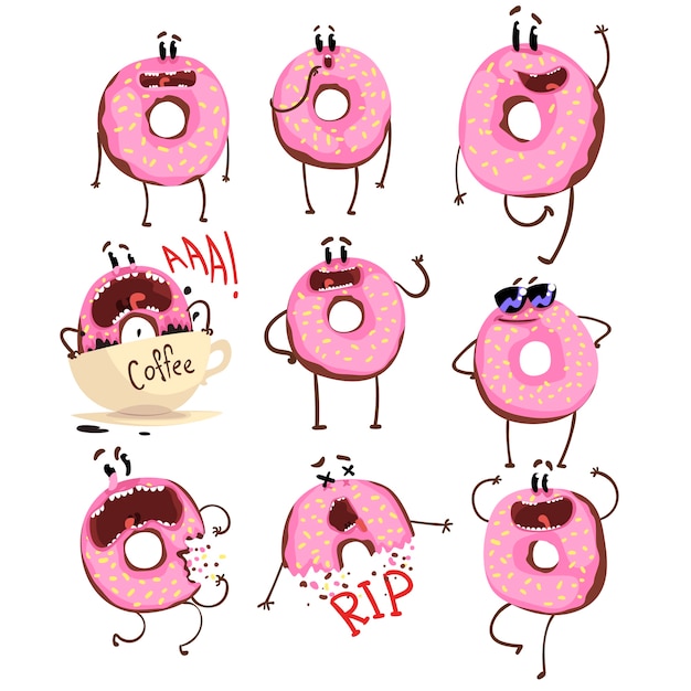 面白いピンクのドーナツの漫画のキャラクターセット 白い背景にさまざまな感情のイラストがかわいいドーナツ プレミアムベクター