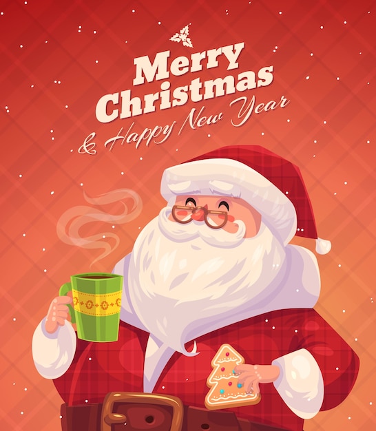 クッキーとチョコレートのカップと面白いサンタ クリスマスグリーティングカードの背景ポスター ベクトルイラスト メリークリスマス そしてハッピーニューイヤー プレミアムベクター
