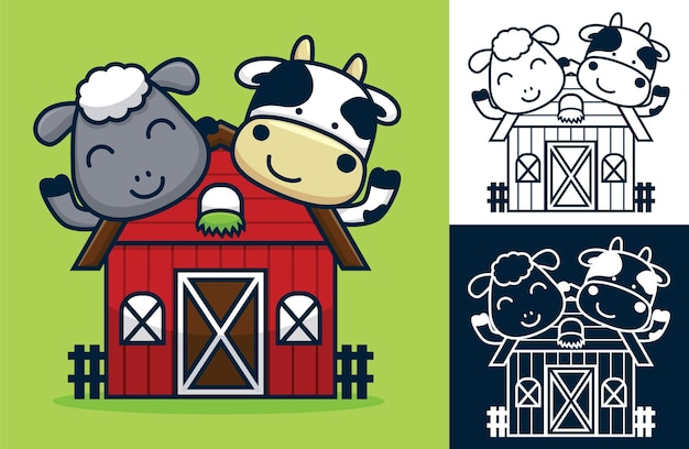 面白い羊と牛の納屋 フラット スタイルの漫画イラスト プレミアムベクター