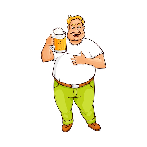 ビールの大きなマグカップを保持している面白い笑顔デブ男 プレミアムベクター