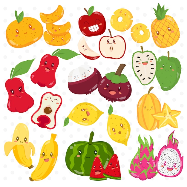 Funny tropical fruits  cartoon  characters  set Premium Vector