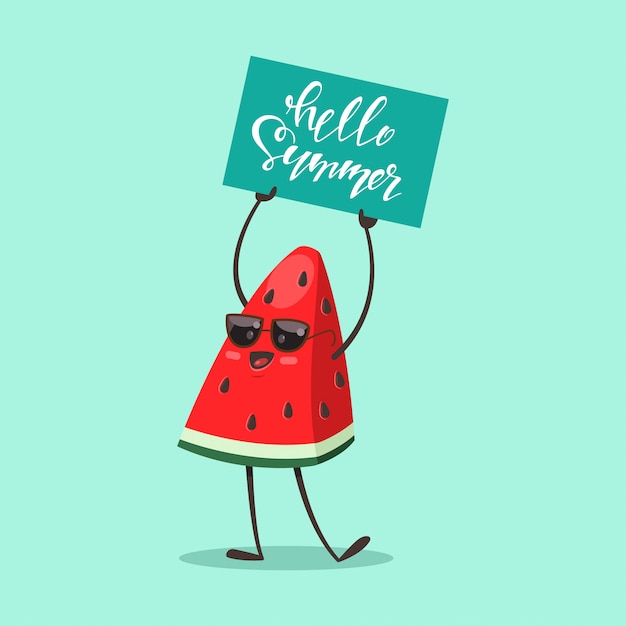 Download Funny watermelon in sunglasses with a sign "hello summer". cartoon fruit character isolated on ...