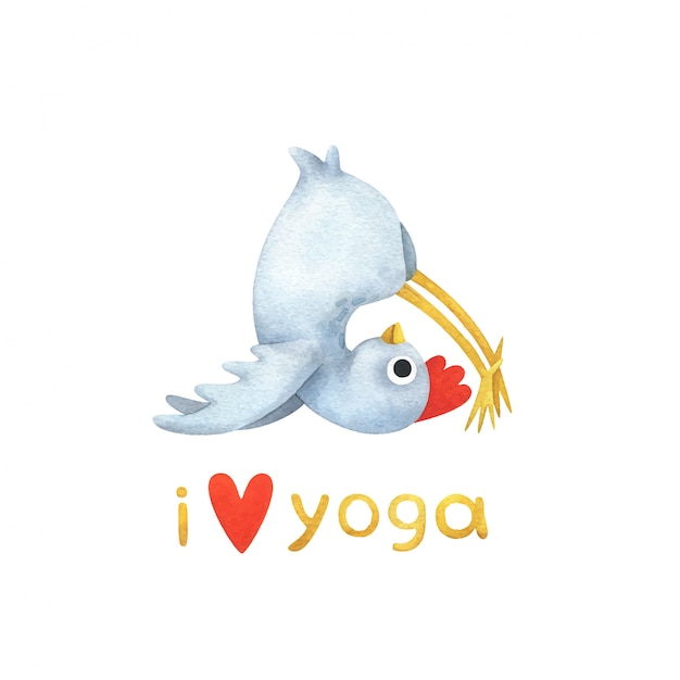 ヨガのポーズで面白い白い鶏 I Love Yoga というテキストのイラスト プレミアムベクター