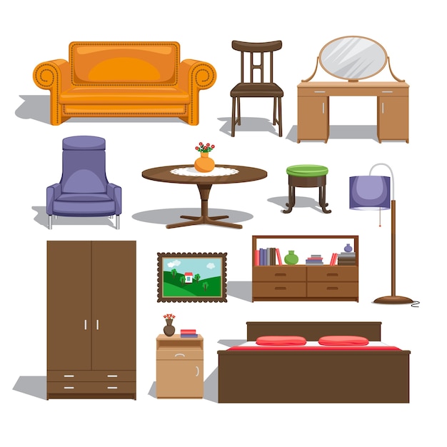Free Vector | Furniture for bedroom. lamp and table, chair and picture ...
