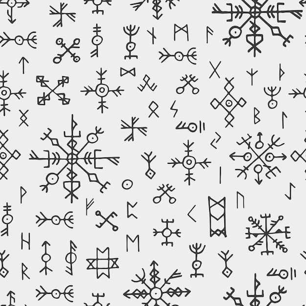 フサルク北バイキングのルーン文字とお守り 北欧異教のシームレスパターン プレミアムベクター
