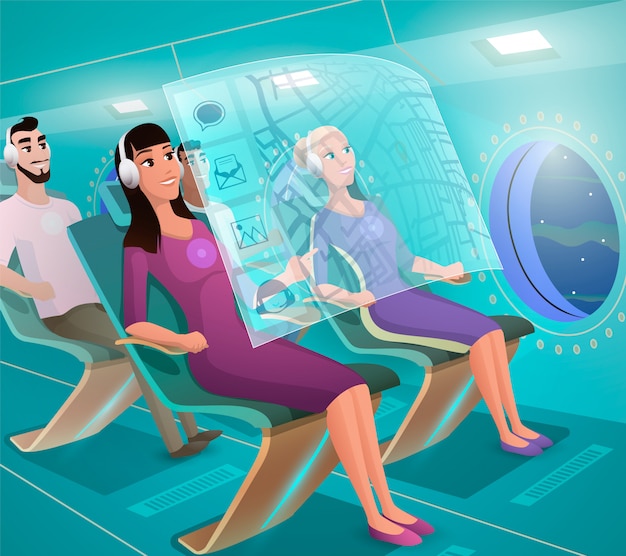 Future airline clients in futuristic plane vector Premium Vector