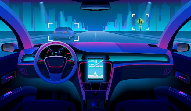 Future Autonomous Vehicle Driverless Car Interior With