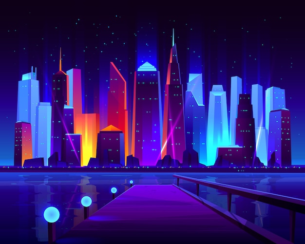 Free Vector | Future metropolis seafront with illuminating neon colors ...