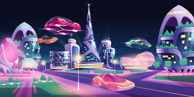 未来の夜の街の未来的な建物の空飛ぶ車 無料のベクター