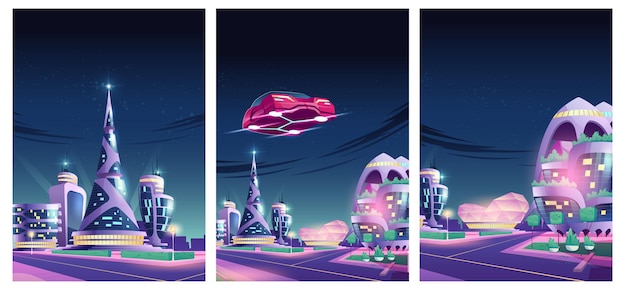 空飛ぶクルマと未来的なネオンの輝くガラスの建物と未来の夜の街のイラスト 無料のベクター