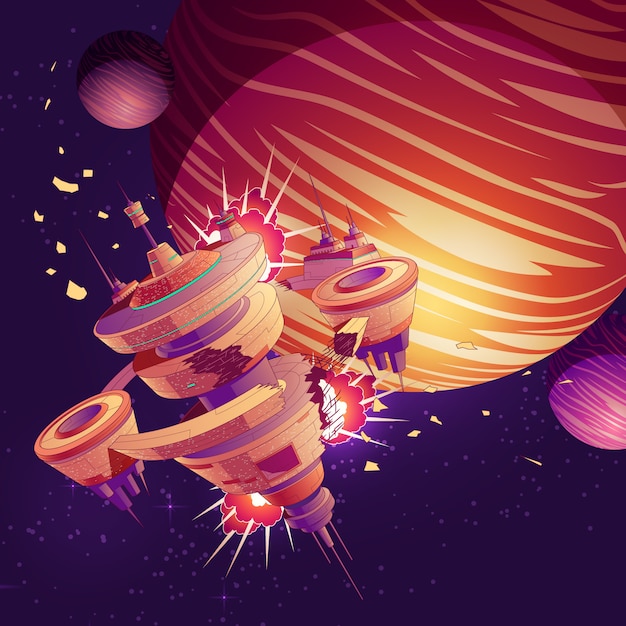 Future spaceship or orbital station crash cartoon Free Vector